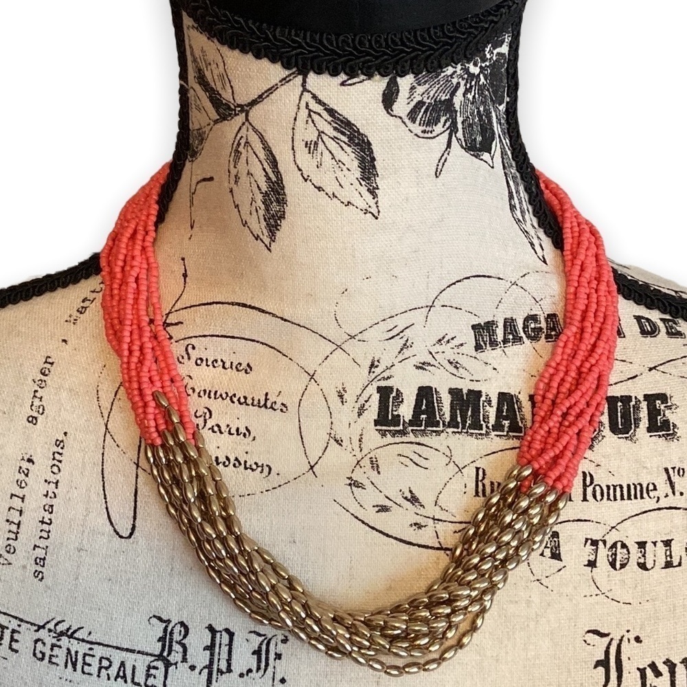 Charming Charlie Necklace Multi Strand Coral & Gold Bead 18”